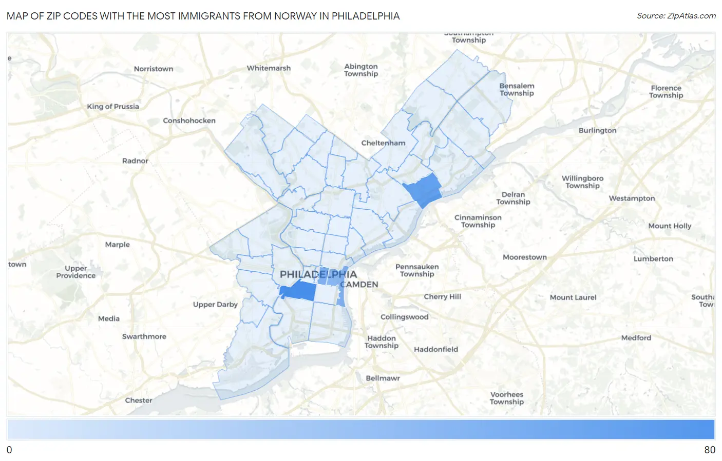Zip Codes with the Most Immigrants from Norway in Philadelphia Map