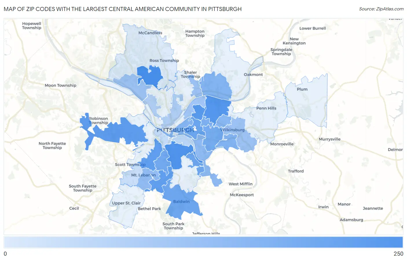 Zip Codes with the Largest Central American Community in Pittsburgh Map