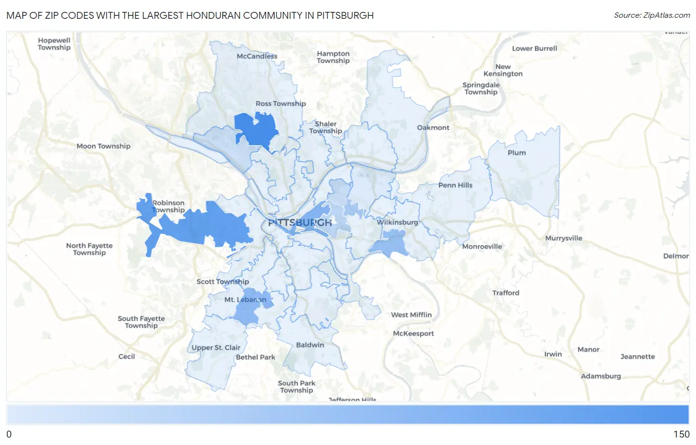 Zip Codes with the Largest Honduran Community in Pittsburgh Map