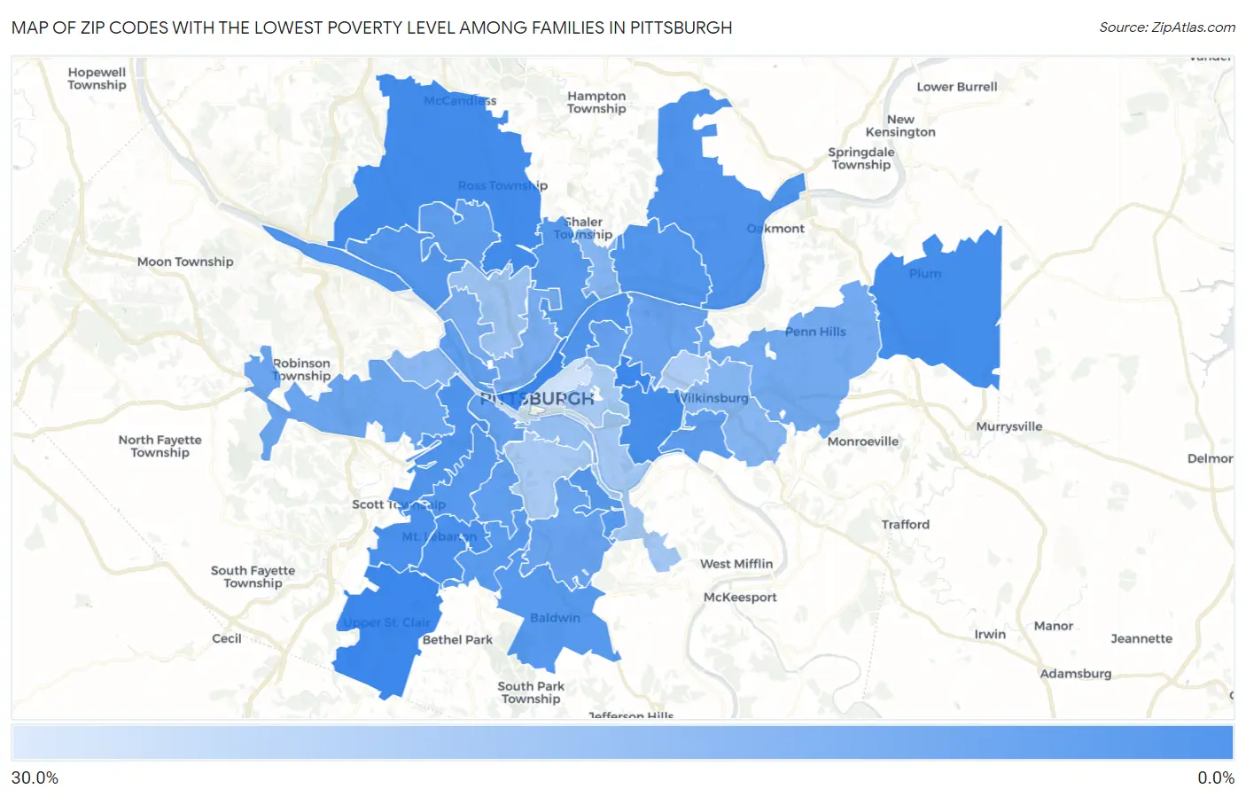 Zip Codes with the Lowest Poverty Level Among Families in Pittsburgh Map