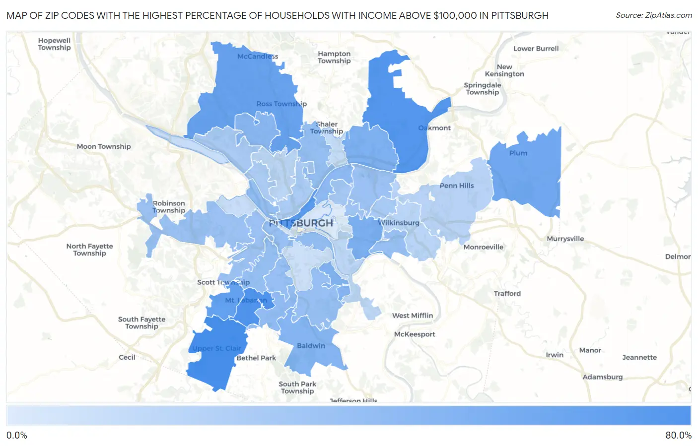 Zip Codes with the Highest Percentage of Households with Income Above $100,000 in Pittsburgh Map