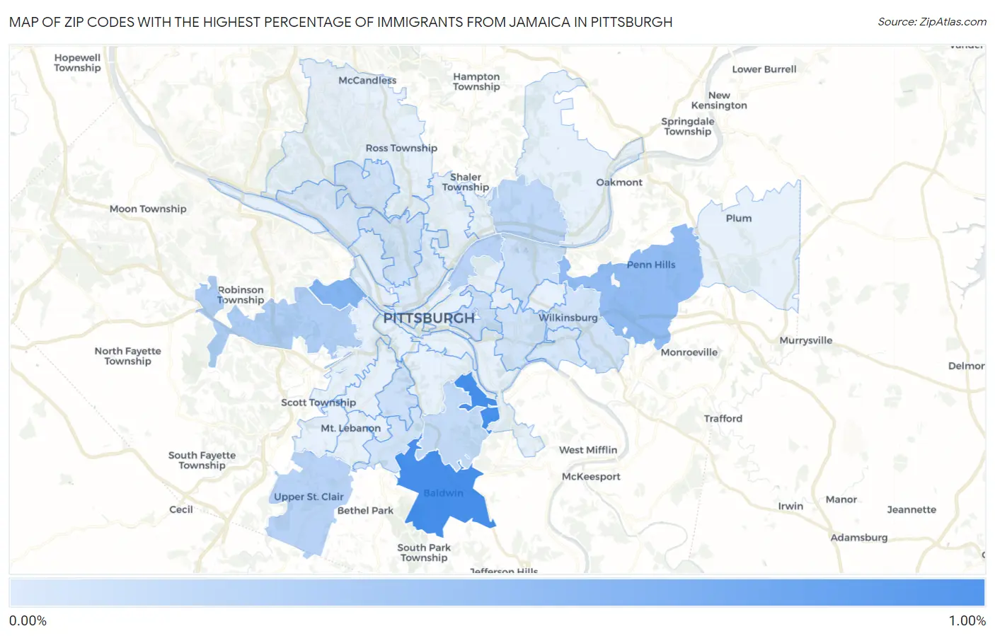 Zip Codes with the Highest Percentage of Immigrants from Jamaica in Pittsburgh Map