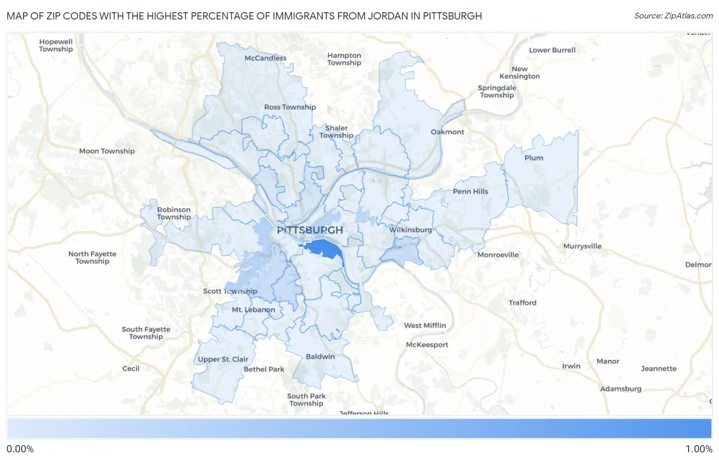 Zip Codes with the Highest Percentage of Immigrants from Jordan in Pittsburgh Map