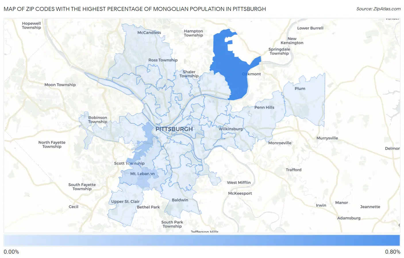 Zip Codes with the Highest Percentage of Mongolian Population in Pittsburgh Map