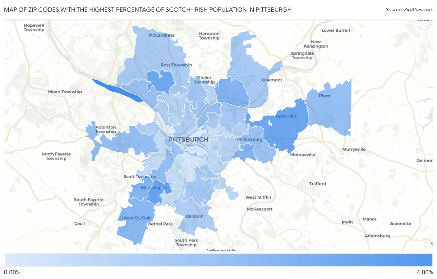 Zip Codes with the Highest Percentage of Scotch-Irish Population in Pittsburgh Map