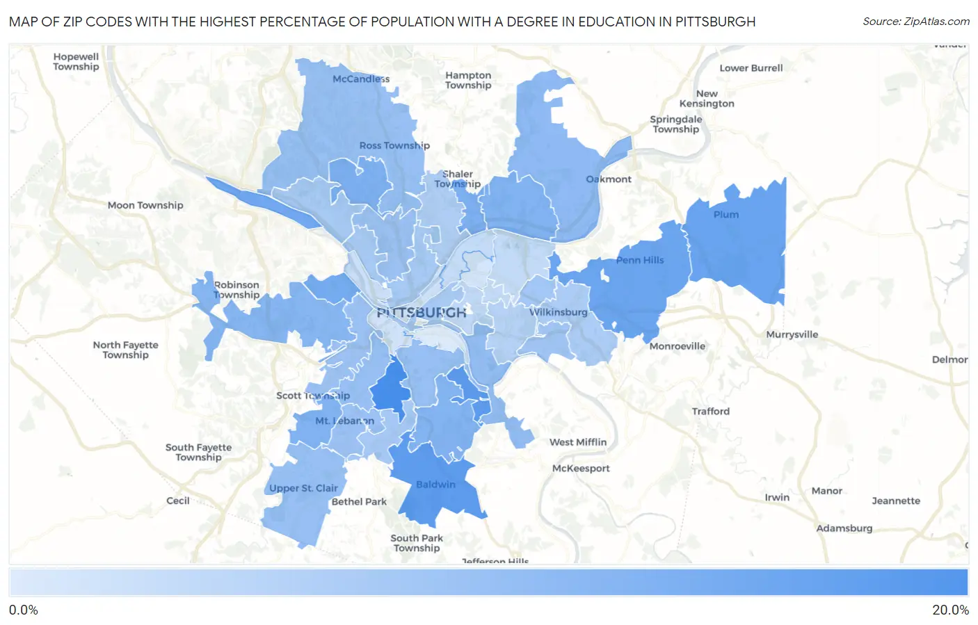 Zip Codes with the Highest Percentage of Population with a Degree in Education in Pittsburgh Map