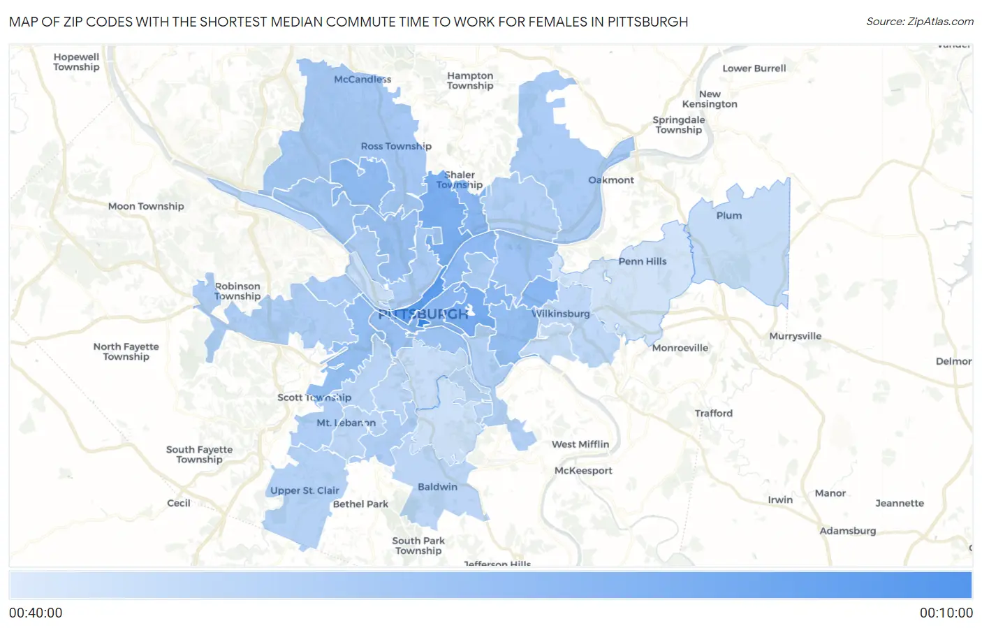 Zip Codes with the Shortest Median Commute Time to Work for Females in Pittsburgh Map