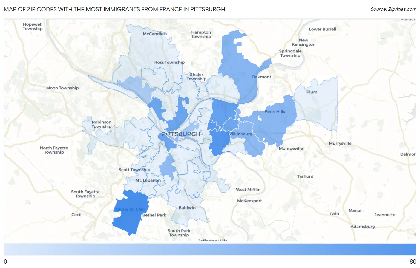 Zip Codes with the Most Immigrants from France in Pittsburgh Map