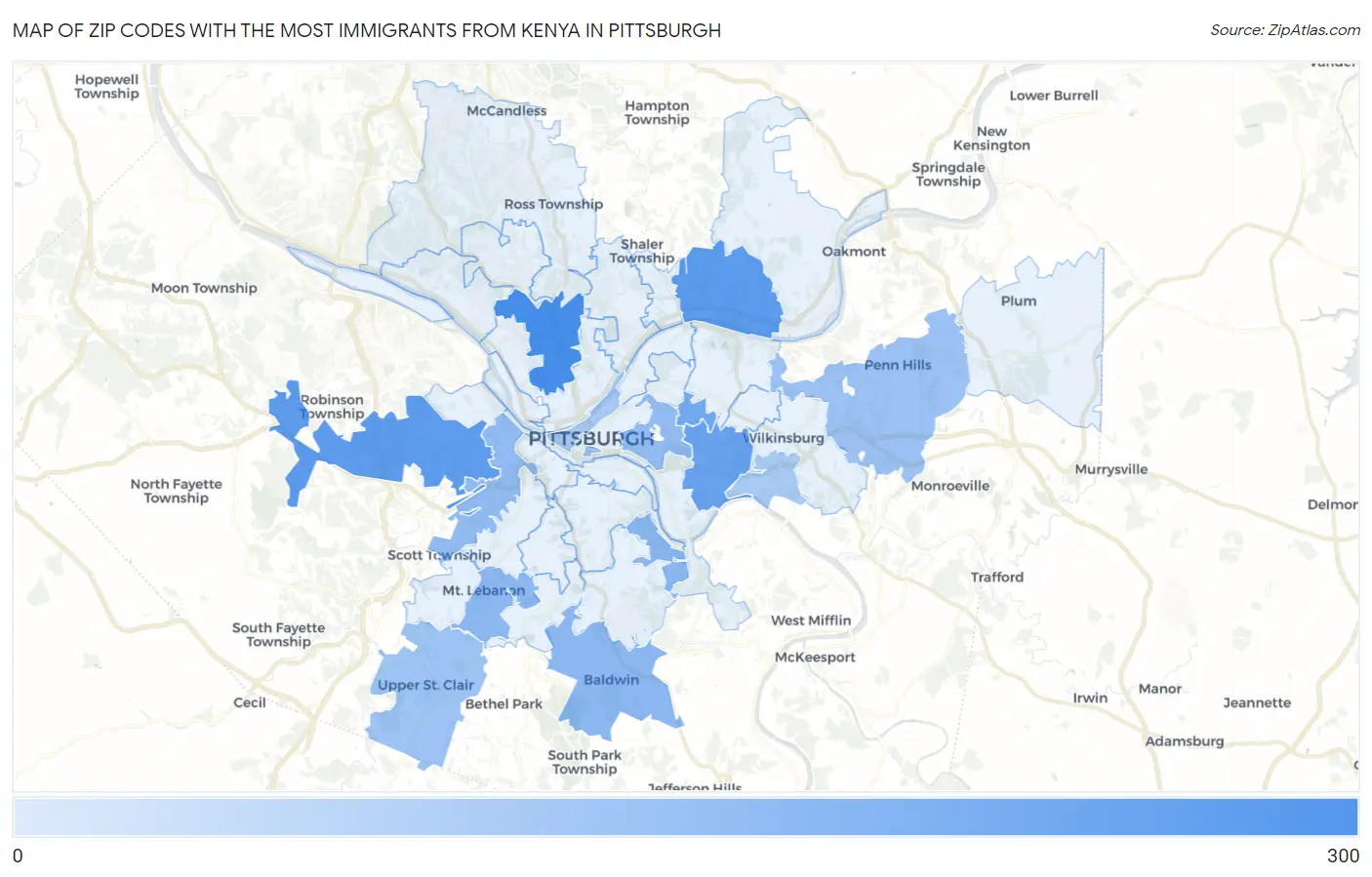 Zip Codes with the Most Immigrants from Kenya in Pittsburgh Map