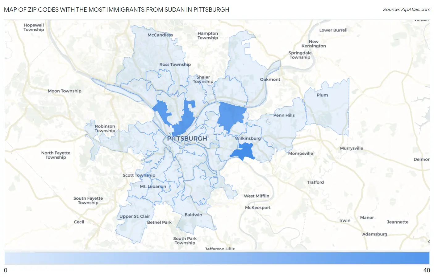Zip Codes with the Most Immigrants from Sudan in Pittsburgh Map