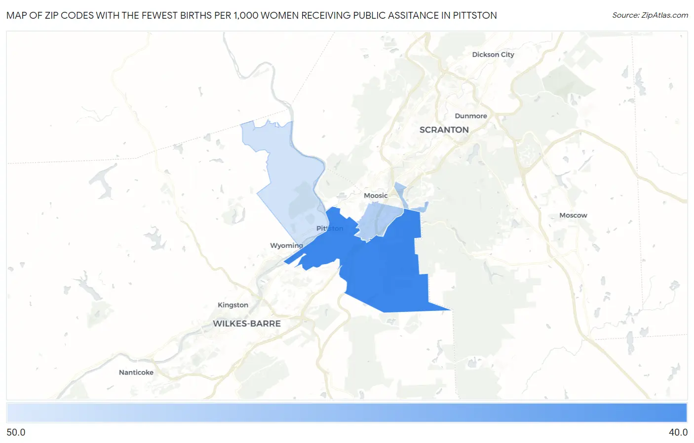 Zip Codes with the Fewest Births per 1,000 Women Receiving Public Assitance in Pittston Map