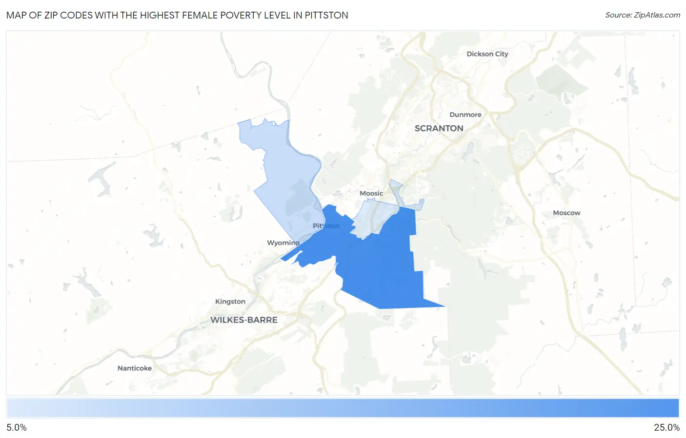 Zip Codes with the Highest Female Poverty Level in Pittston Map
