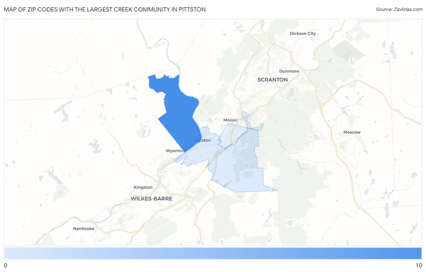 Zip Codes with the Largest Creek Community in Pittston Map