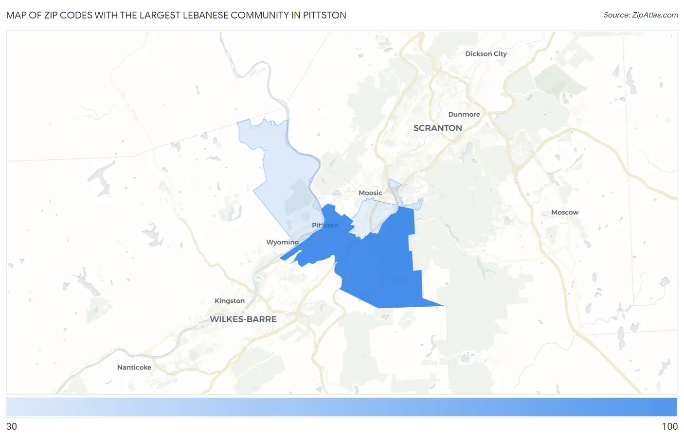 Zip Codes with the Largest Lebanese Community in Pittston Map