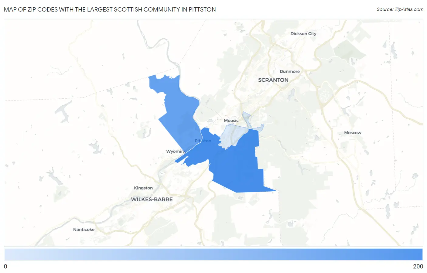 Zip Codes with the Largest Scottish Community in Pittston Map