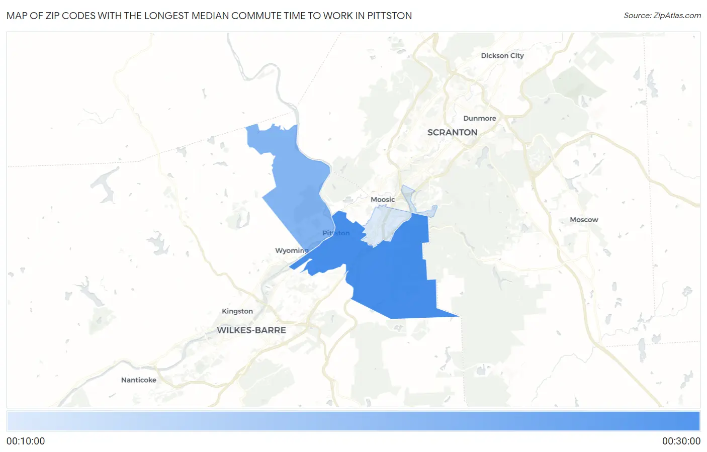 Zip Codes with the Longest Median Commute Time to Work in Pittston Map