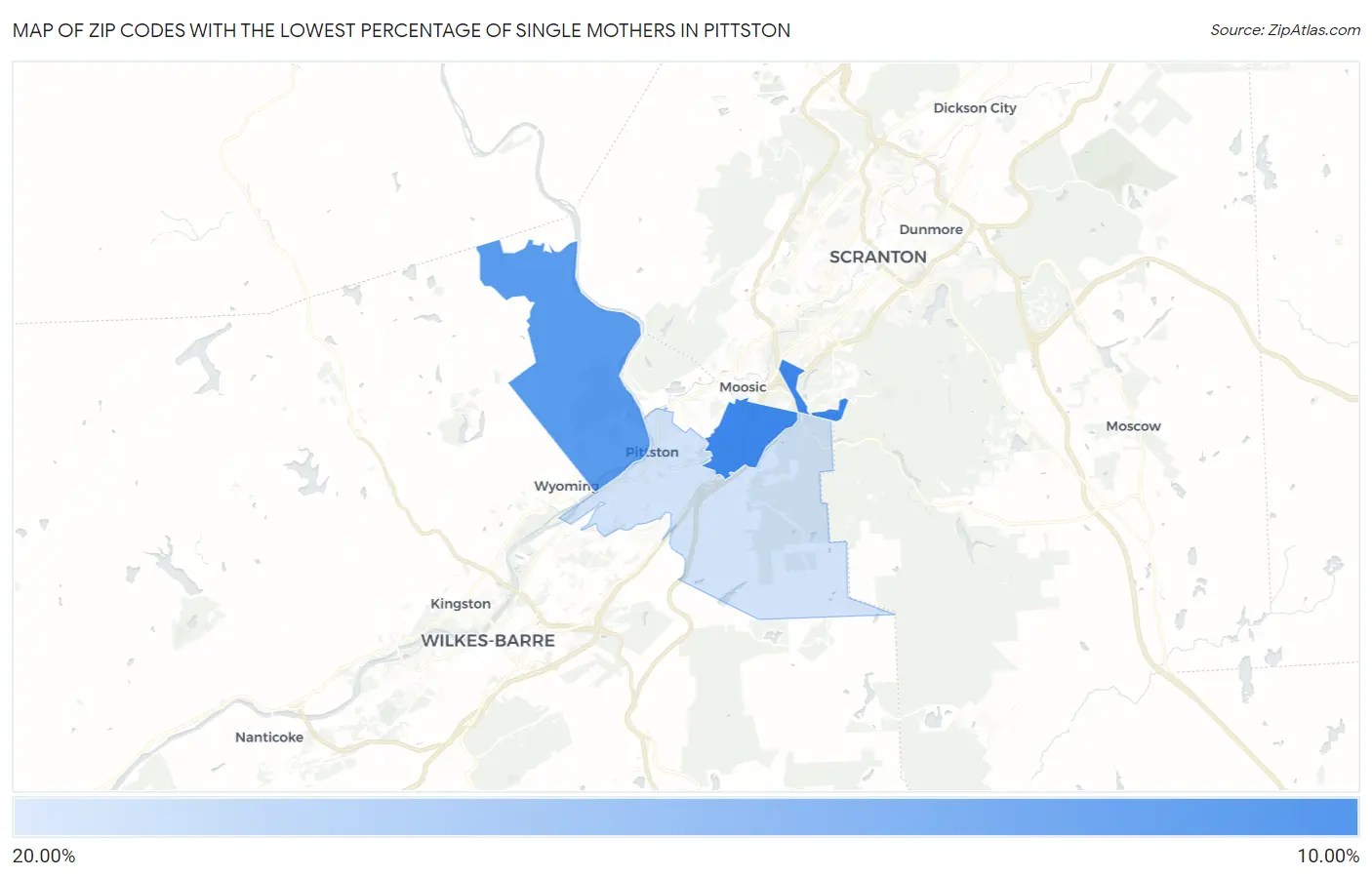 Zip Codes with the Lowest Percentage of Single Mothers in Pittston Map