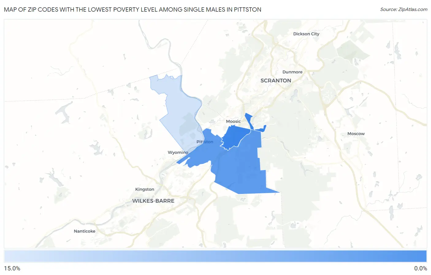 Zip Codes with the Lowest Poverty Level Among Single Males in Pittston Map