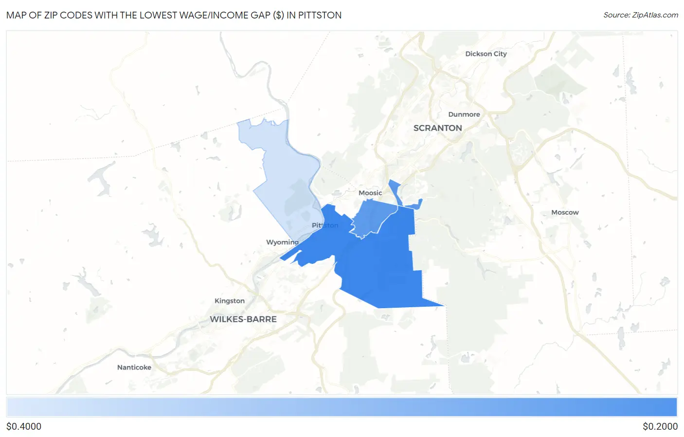Zip Codes with the Lowest Wage/Income Gap ($) in Pittston Map