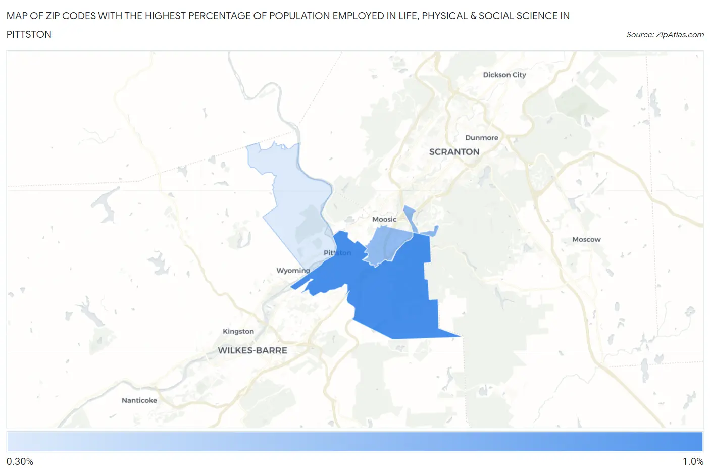 Zip Codes with the Highest Percentage of Population Employed in Life, Physical & Social Science in Pittston Map