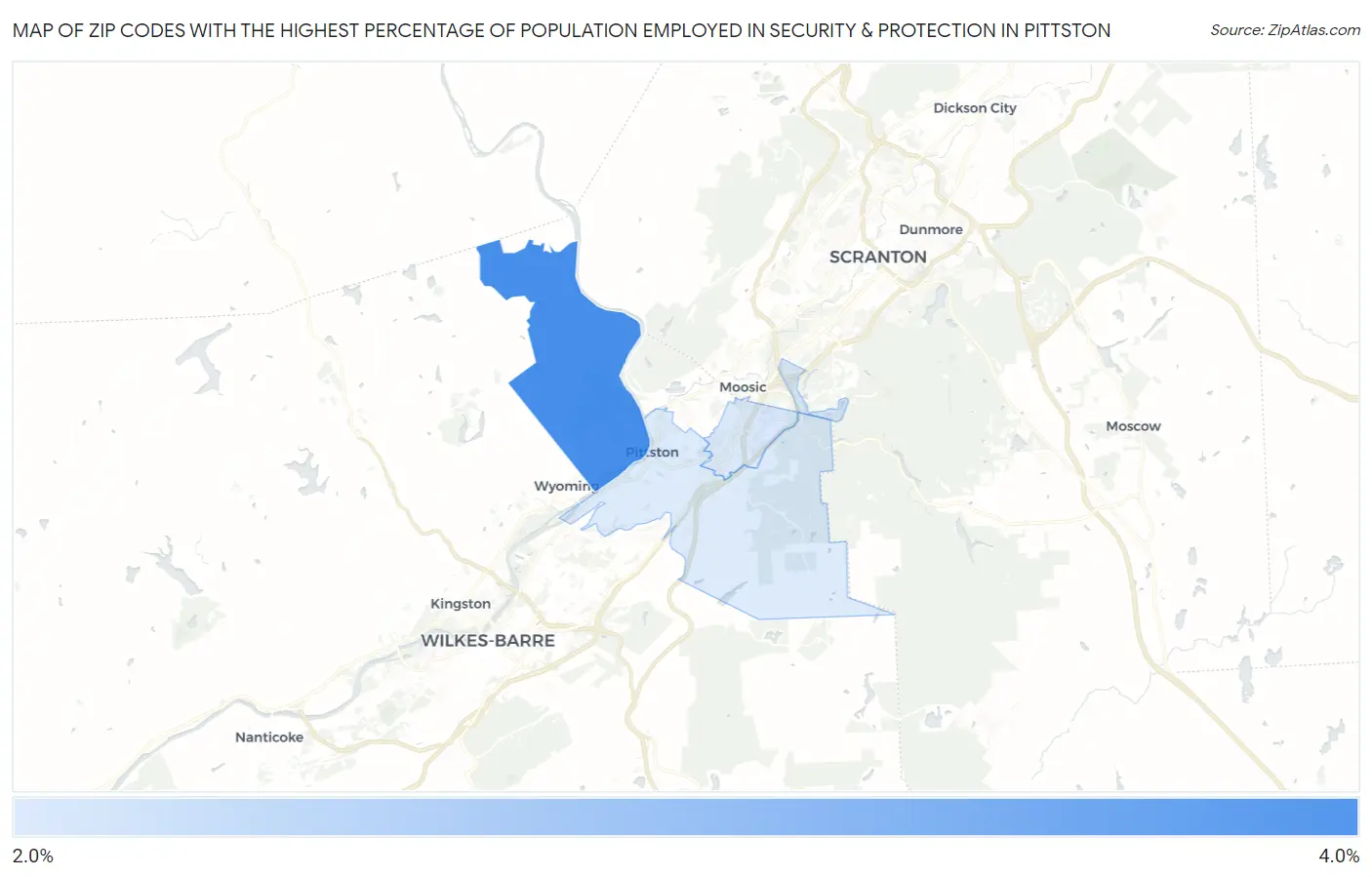 Zip Codes with the Highest Percentage of Population Employed in Security & Protection in Pittston Map