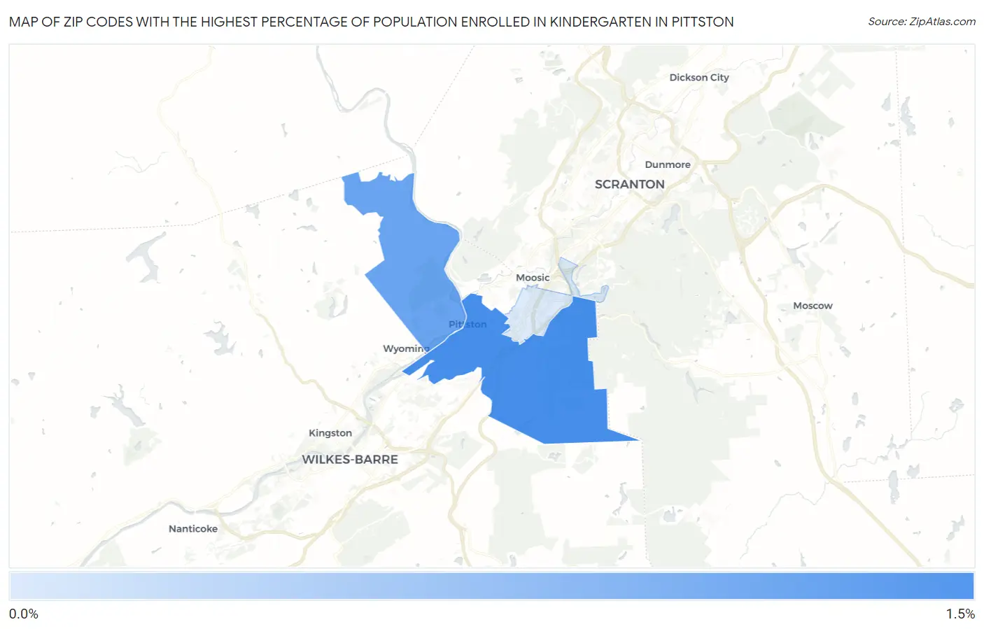 Zip Codes with the Highest Percentage of Population Enrolled in Kindergarten in Pittston Map