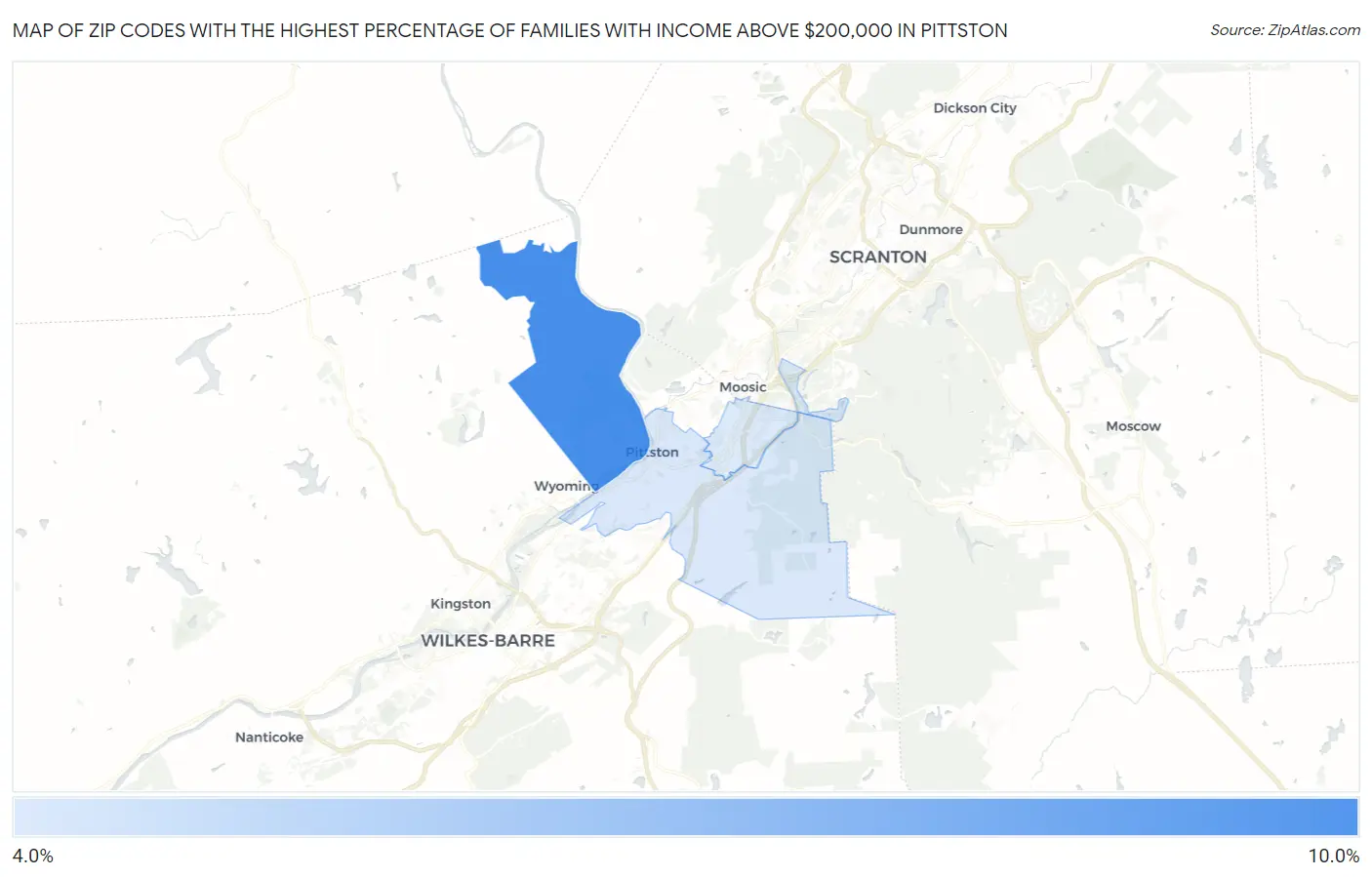 Zip Codes with the Highest Percentage of Families with Income Above $200,000 in Pittston Map