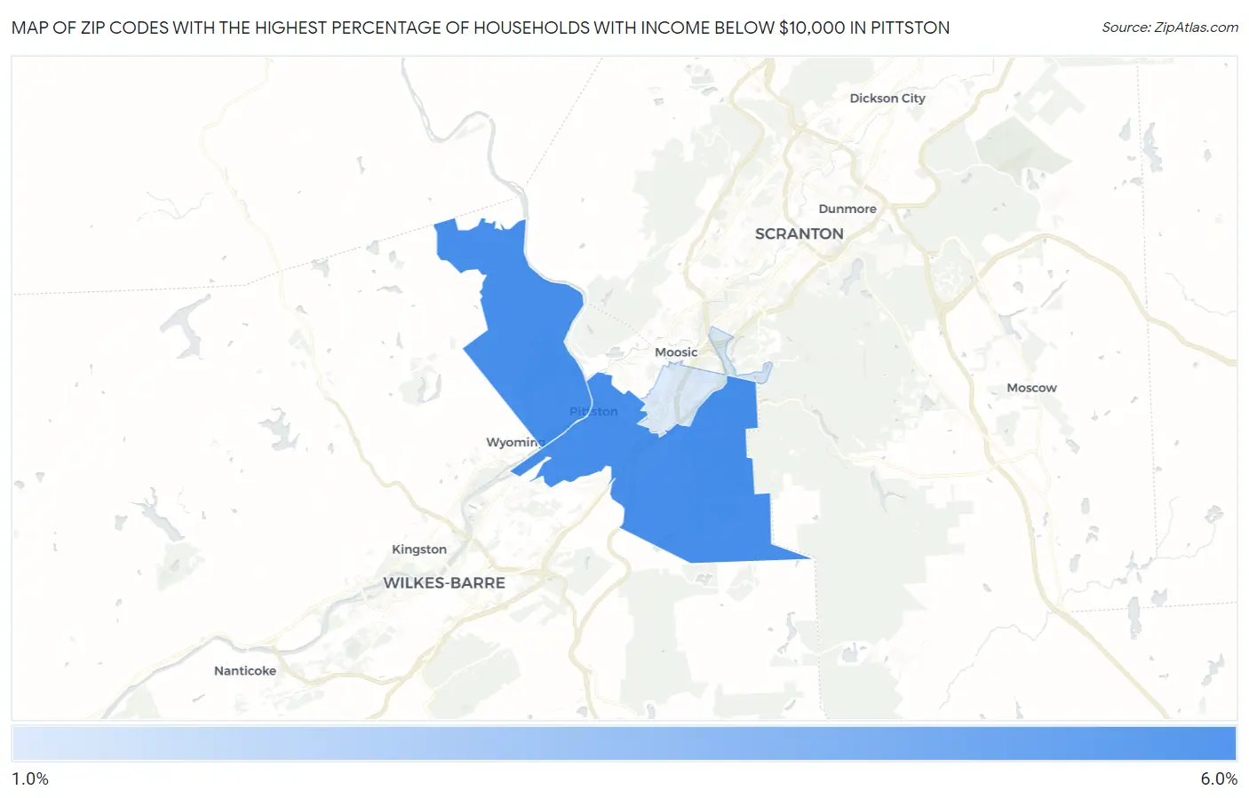 Zip Codes with the Highest Percentage of Households with Income Below $10,000 in Pittston Map