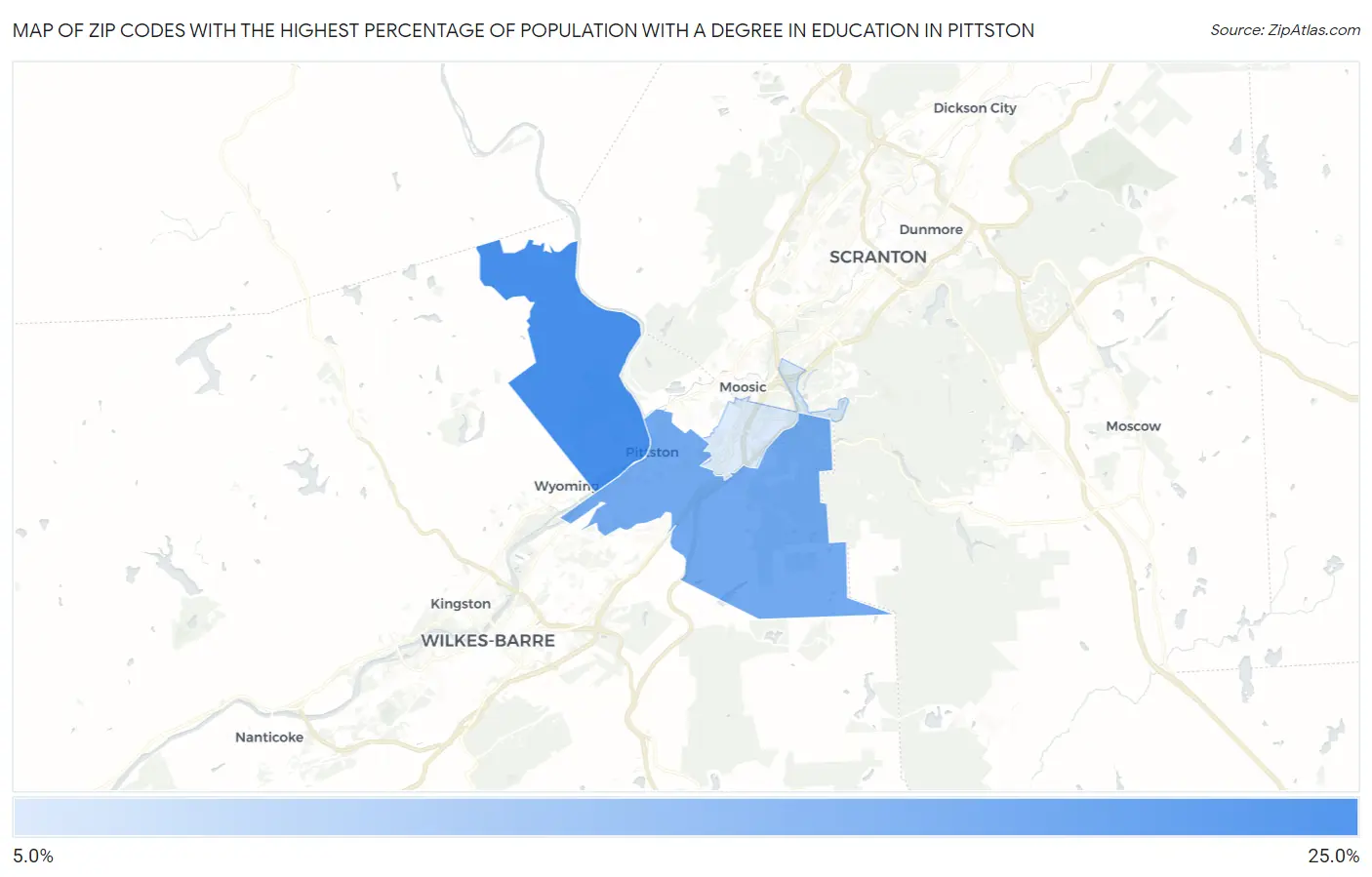 Zip Codes with the Highest Percentage of Population with a Degree in Education in Pittston Map