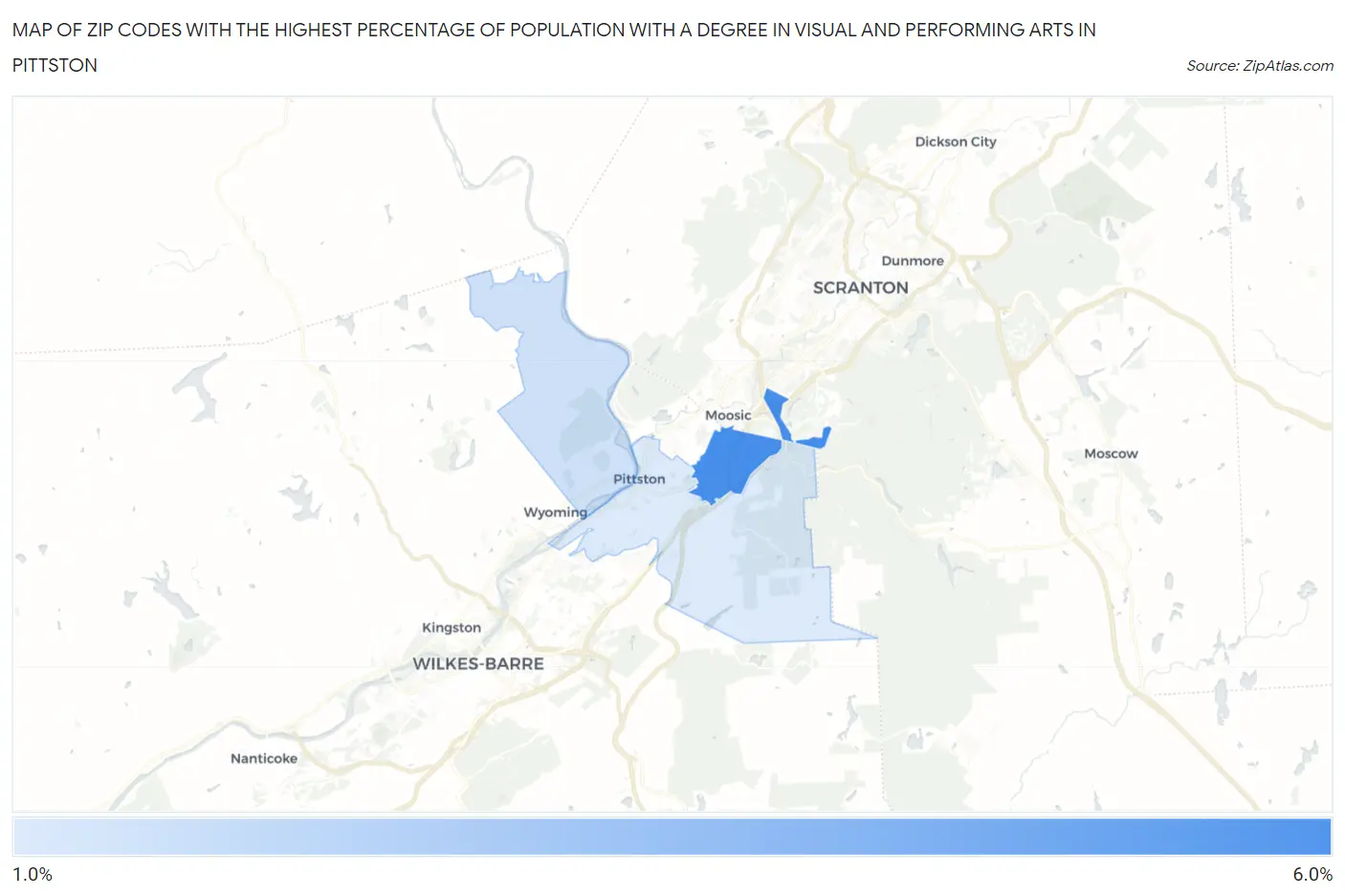 Zip Codes with the Highest Percentage of Population with a Degree in Visual and Performing Arts in Pittston Map