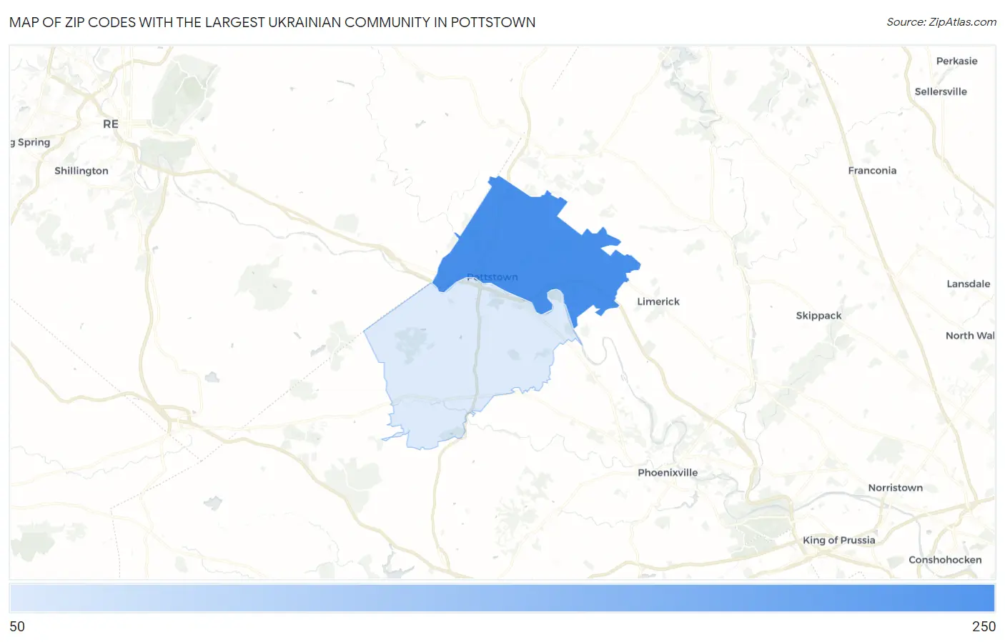 Zip Codes with the Largest Ukrainian Community in Pottstown Map