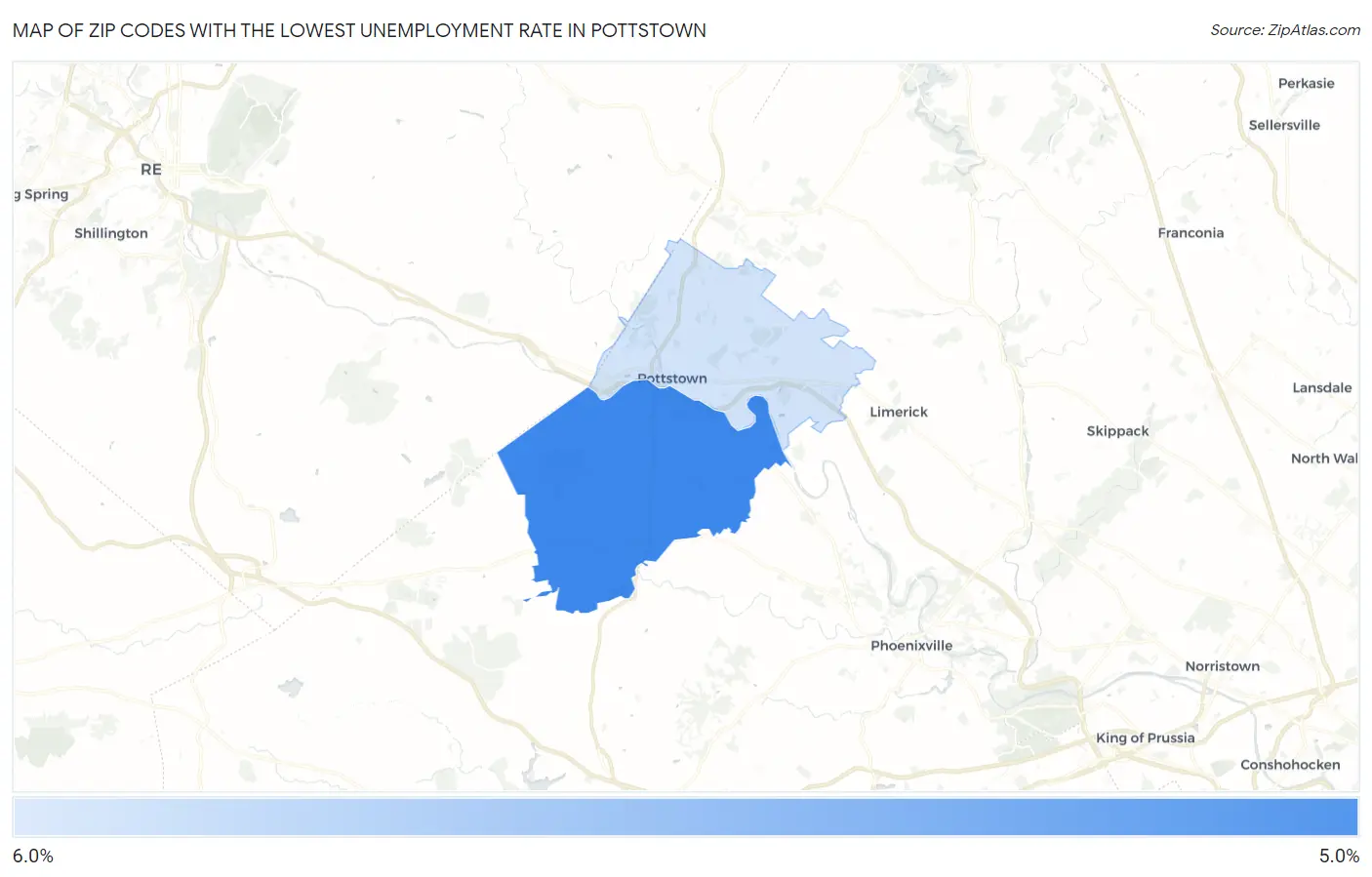 Zip Codes with the Lowest Unemployment Rate in Pottstown Map