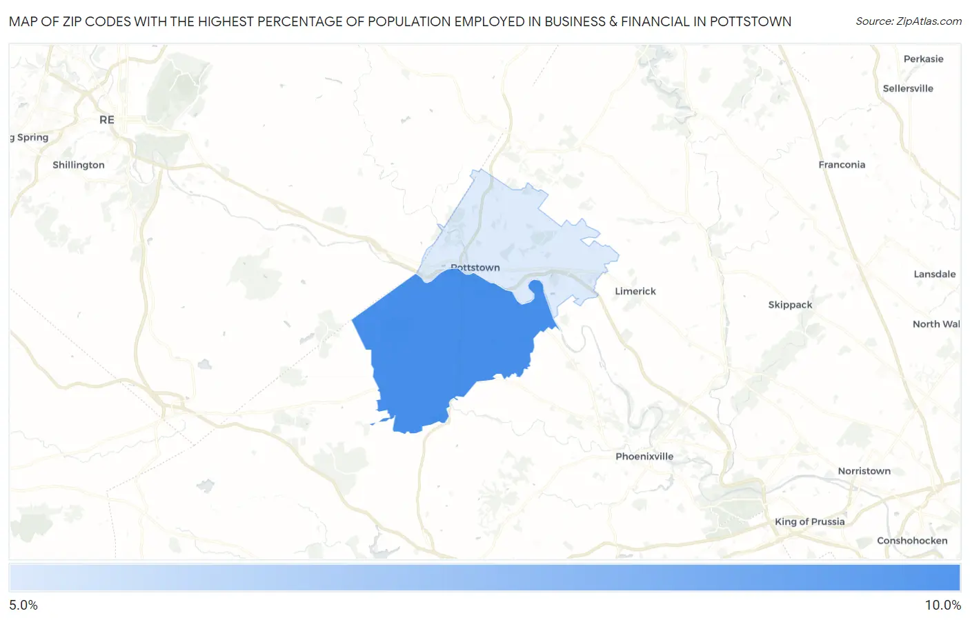 Zip Codes with the Highest Percentage of Population Employed in Business & Financial in Pottstown Map