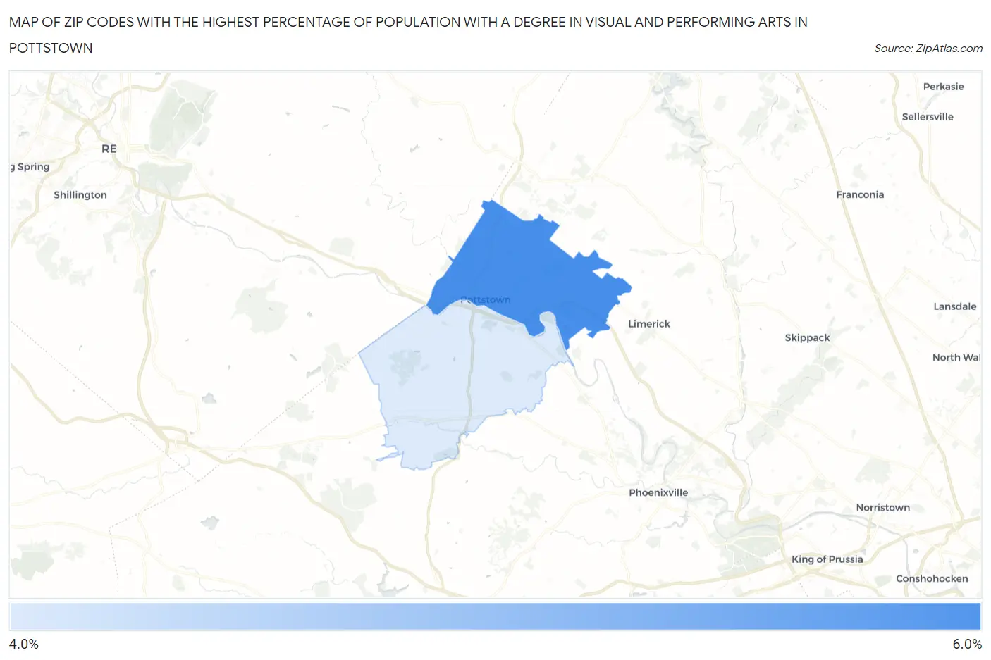 Zip Codes with the Highest Percentage of Population with a Degree in Visual and Performing Arts in Pottstown Map