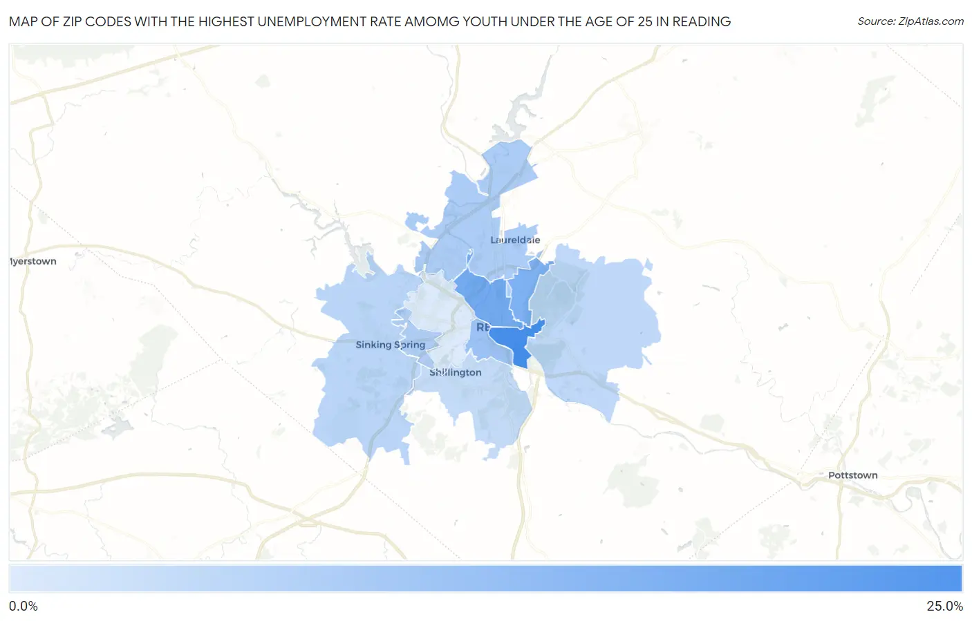 Zip Codes with the Highest Unemployment Rate Amomg Youth Under the Age of 25 in Reading Map