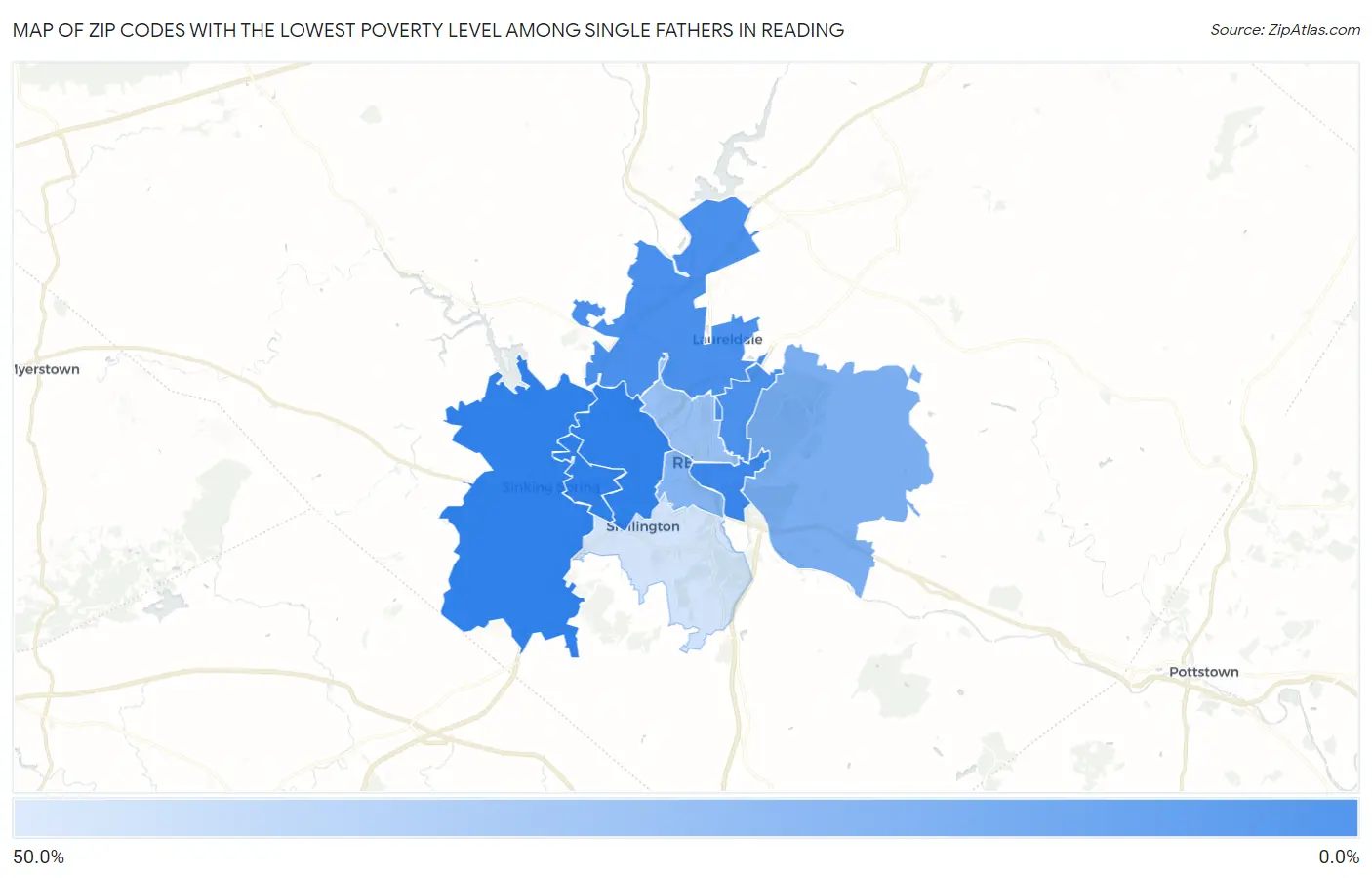 Zip Codes with the Lowest Poverty Level Among Single Fathers in Reading Map