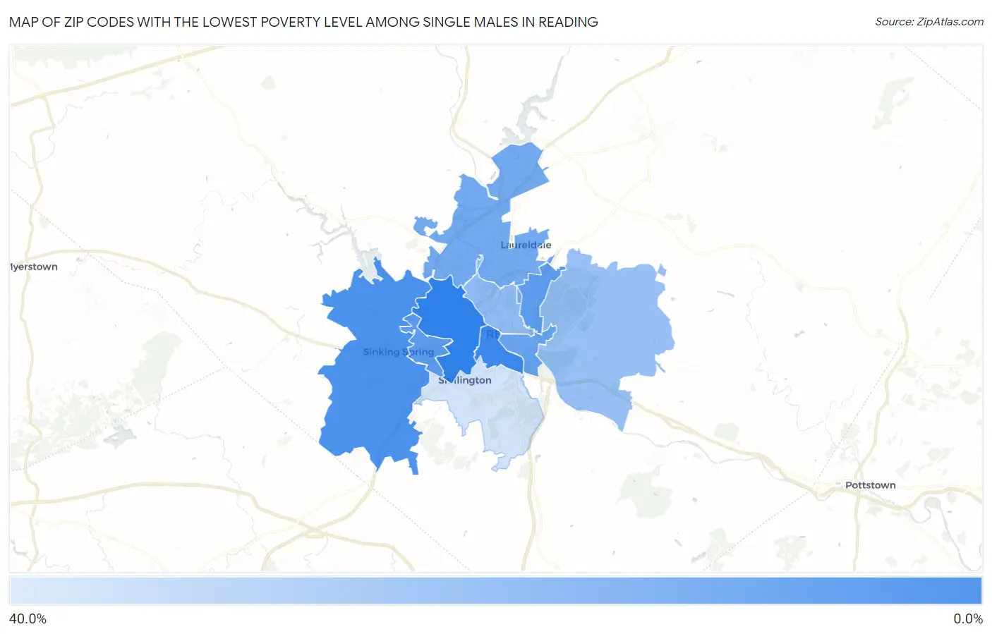 Zip Codes with the Lowest Poverty Level Among Single Males in Reading Map