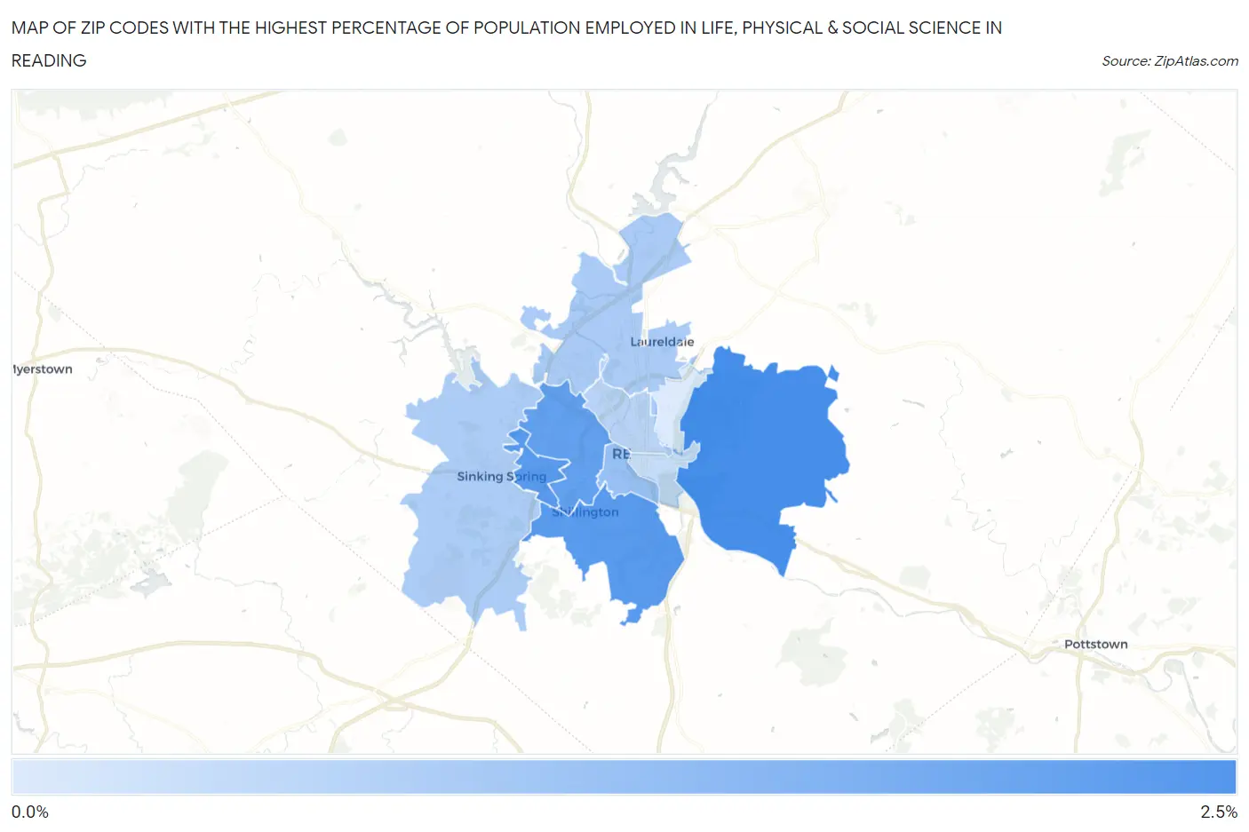 Zip Codes with the Highest Percentage of Population Employed in Life, Physical & Social Science in Reading Map