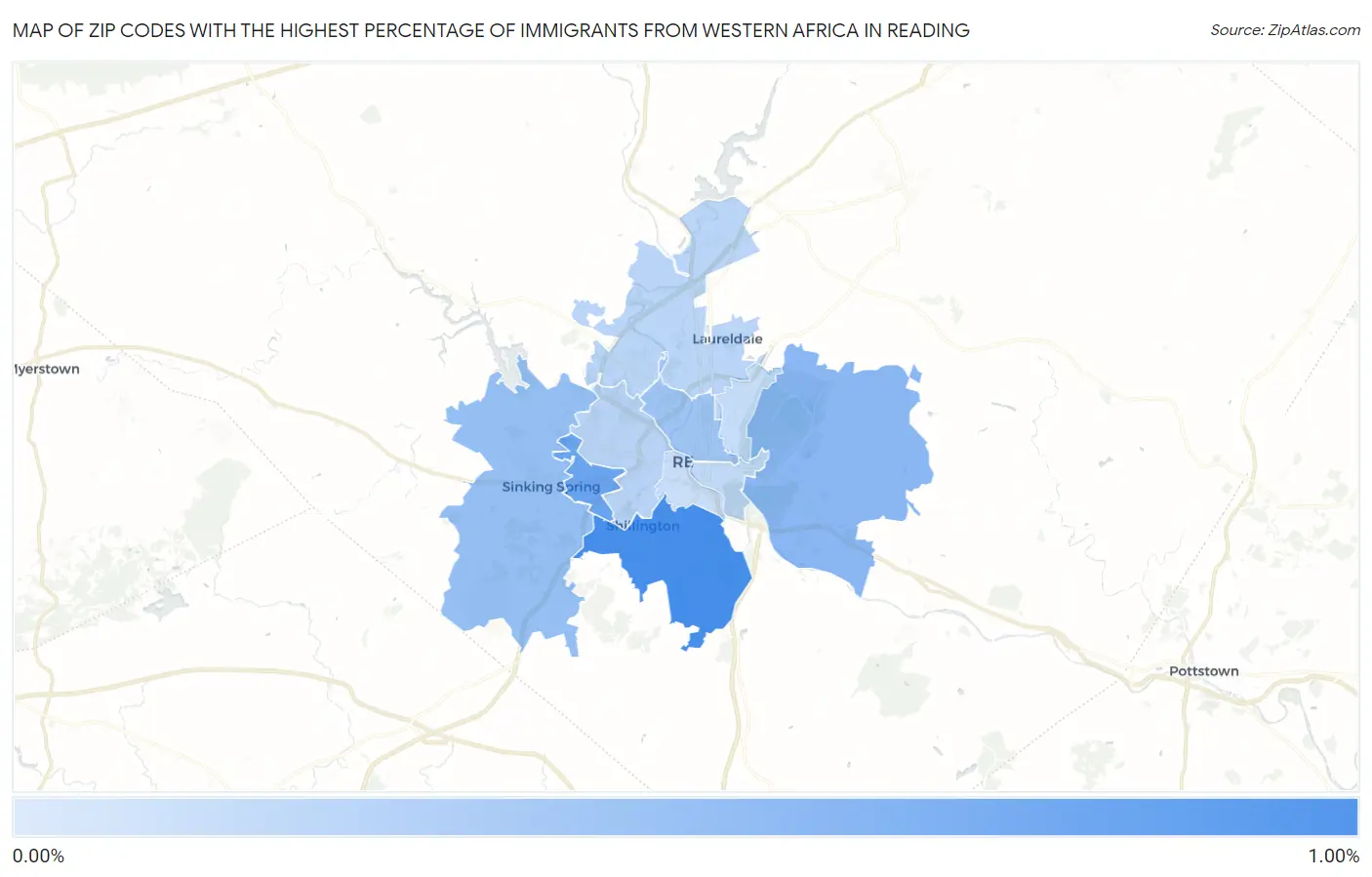 Zip Codes with the Highest Percentage of Immigrants from Western Africa in Reading Map