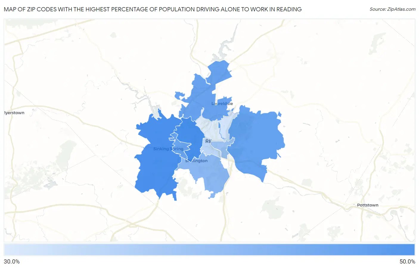 Zip Codes with the Highest Percentage of Population Driving Alone to Work in Reading Map