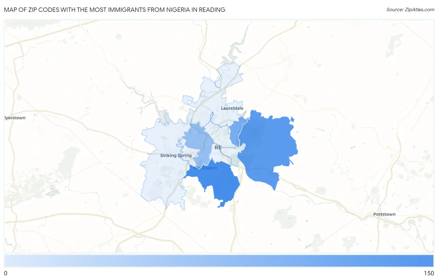 Zip Codes with the Most Immigrants from Nigeria in Reading Map