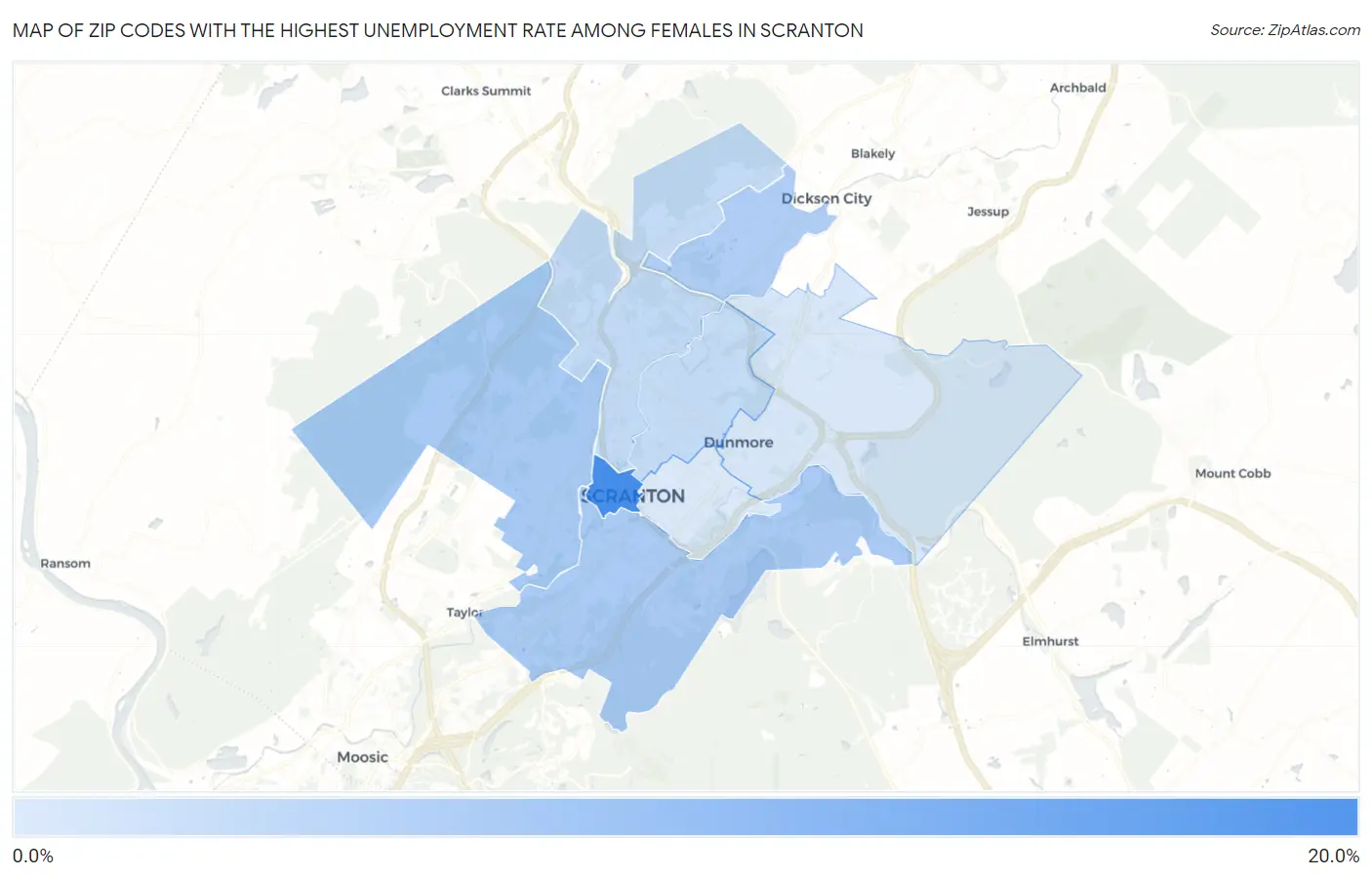 Zip Codes with the Highest Unemployment Rate Among Females in Scranton Map