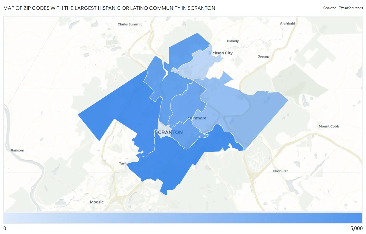 Zip Codes with the Largest Hispanic or Latino Community in Scranton Map