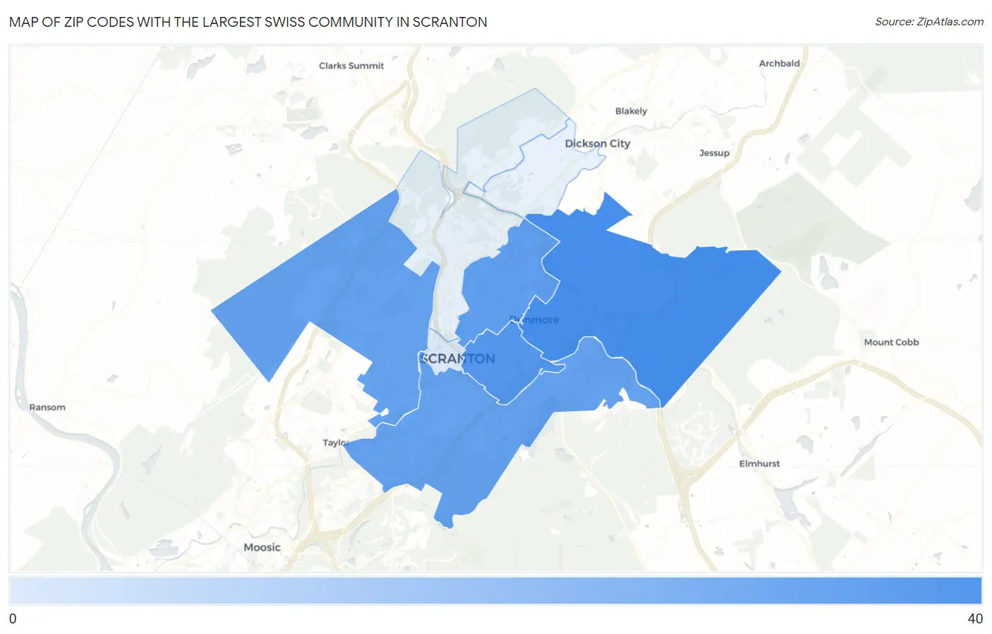 Zip Codes with the Largest Swiss Community in Scranton Map