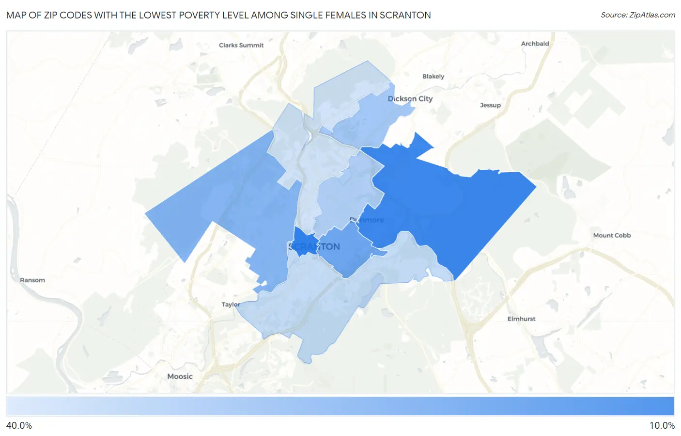 Zip Codes with the Lowest Poverty Level Among Single Females in Scranton Map
