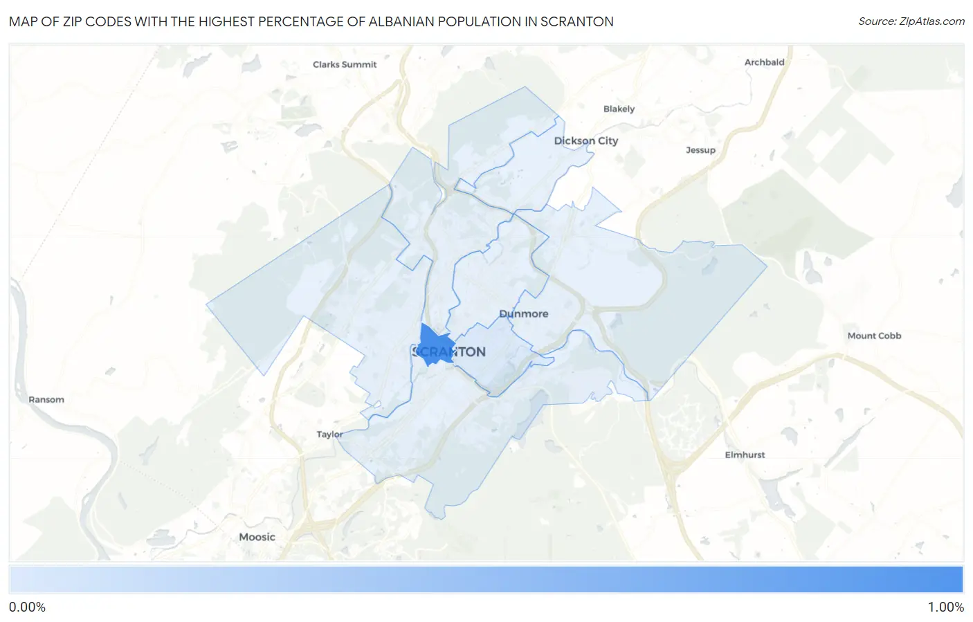 Zip Codes with the Highest Percentage of Albanian Population in Scranton Map