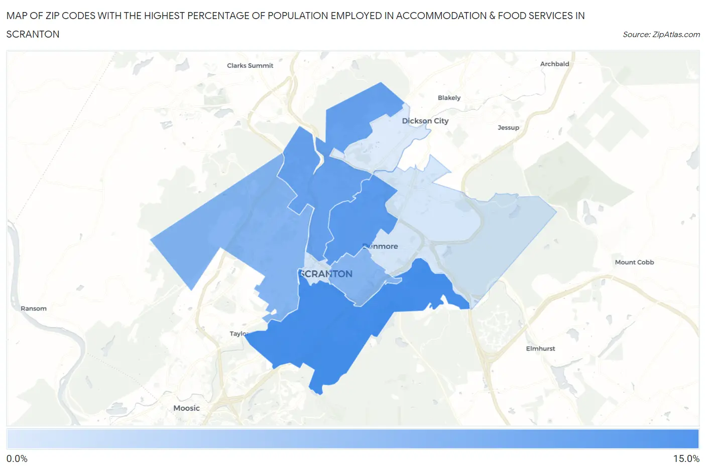Zip Codes with the Highest Percentage of Population Employed in Accommodation & Food Services in Scranton Map