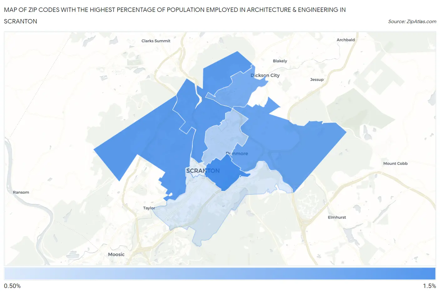 Zip Codes with the Highest Percentage of Population Employed in Architecture & Engineering in Scranton Map