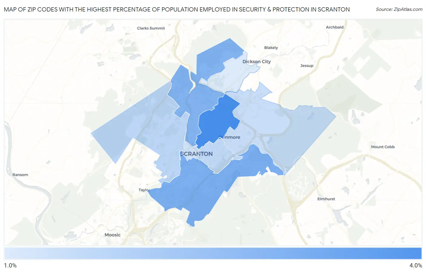 Zip Codes with the Highest Percentage of Population Employed in Security & Protection in Scranton Map