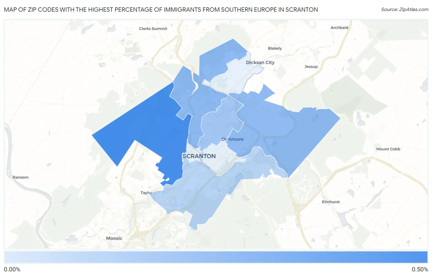 Zip Codes with the Highest Percentage of Immigrants from Southern Europe in Scranton Map